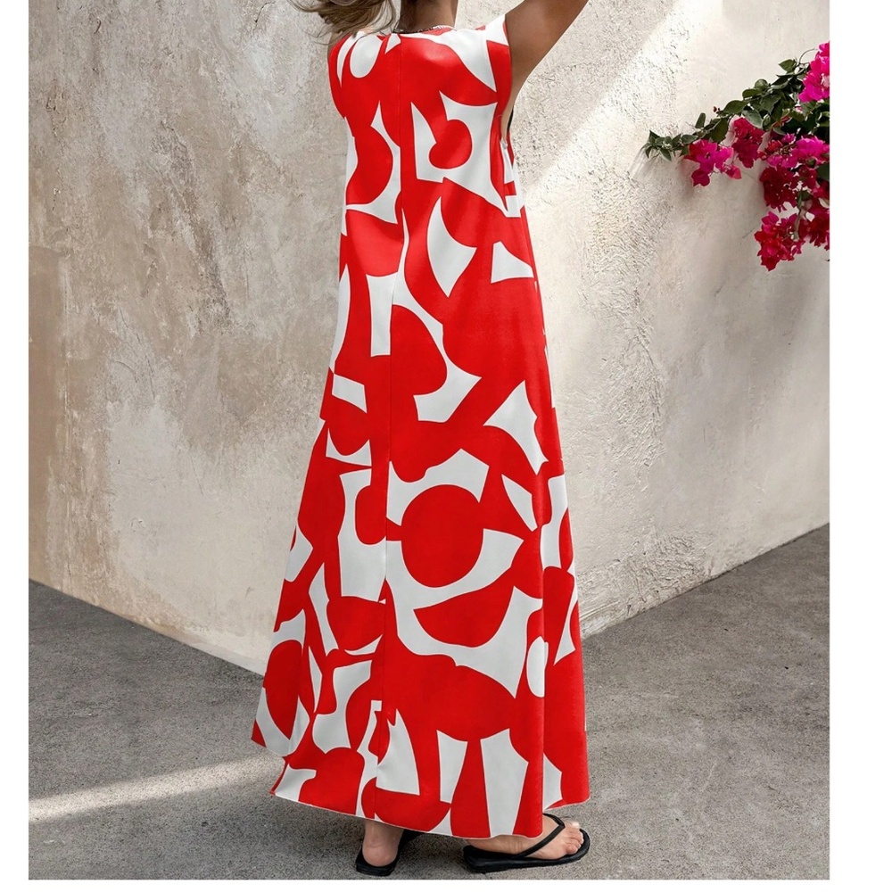 Abstract Geo Print Cap Sleeve V neck Flowy Maxi Dress - Picture 4 of 11